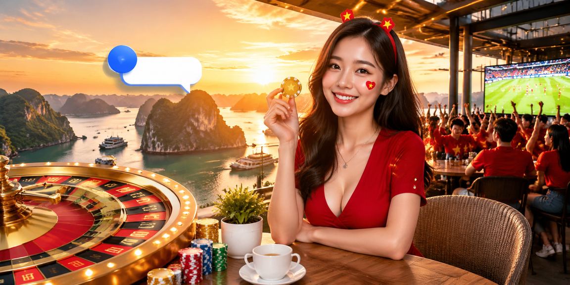Khung cảnh Vịnh Hạ Long với người dùng đang theo dõi kết quả roulette và kiểm tra giao dịch thanh toán