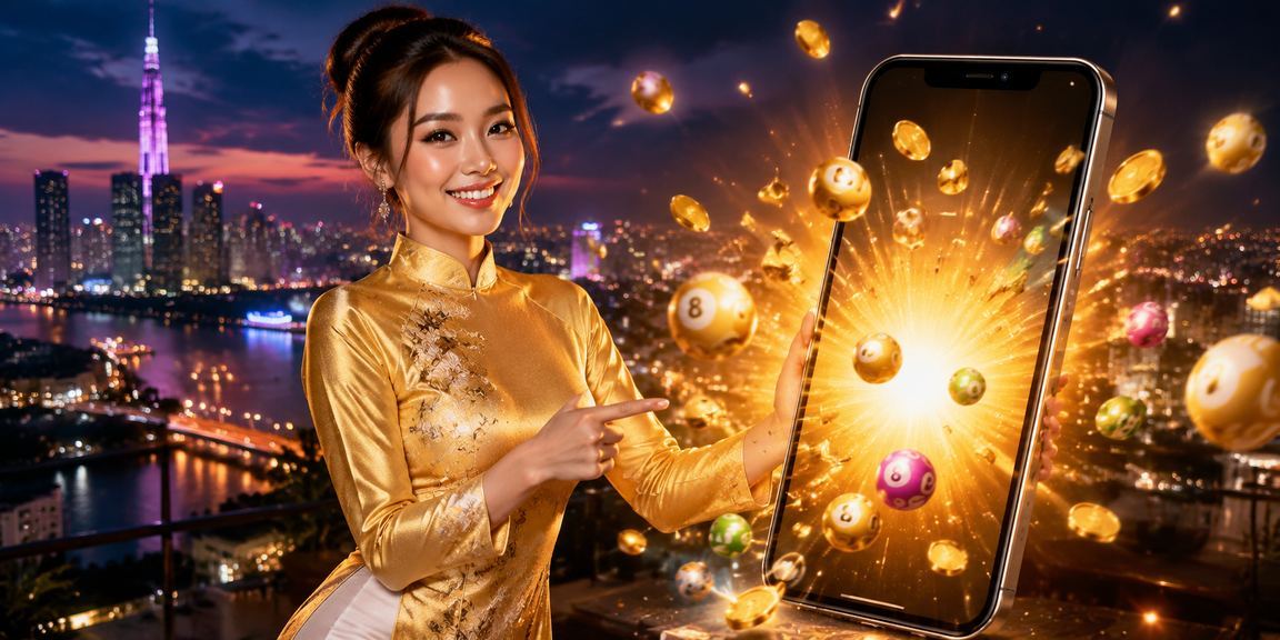 Người dùng tại TP.HCM chơi jackpot slots trên điện thoại di động với trang phục áo dài truyền thống